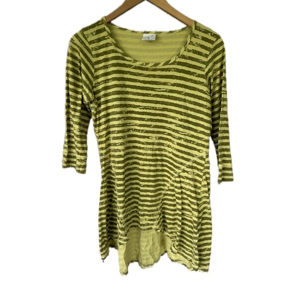 Color Me 100% Cotton CMC Stripe Quarter Sleeve Front Shark Bite Hem Hi-Lo Tunic - Picture 1 of 6